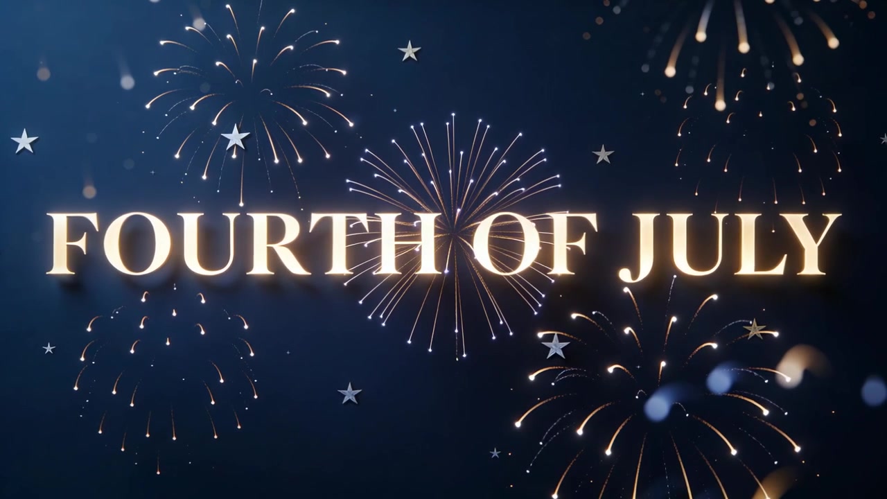 Pulsing centered gold FOURTH OF JULY text glowing in navy sky with fireworks igniting for holiday