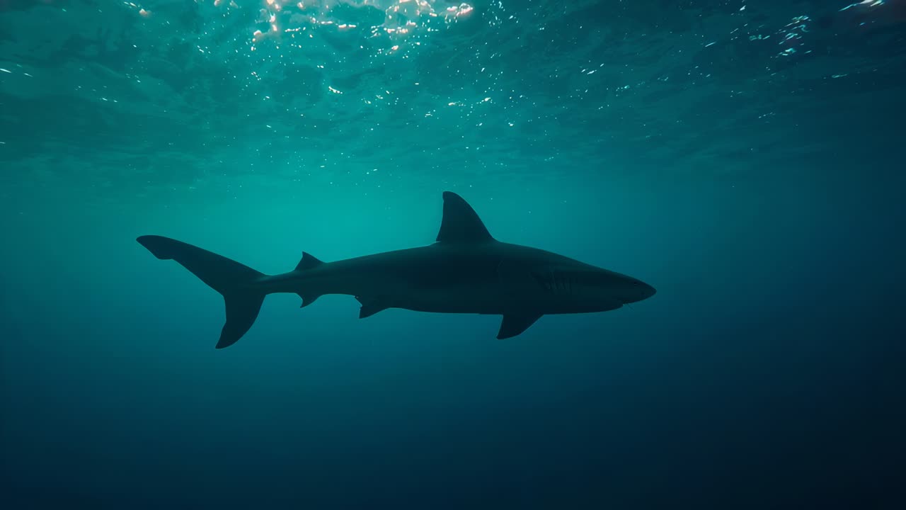 Gliding large shark silhouette moving rightward beneath sunlit surface, with suspended particles