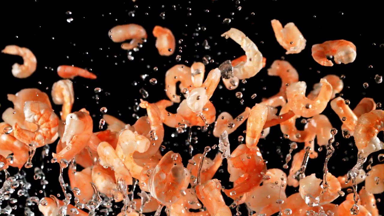 Gekochte Garnelen und Wasser spritzen in Zeitlupe auf schwarzem Hintergrund.