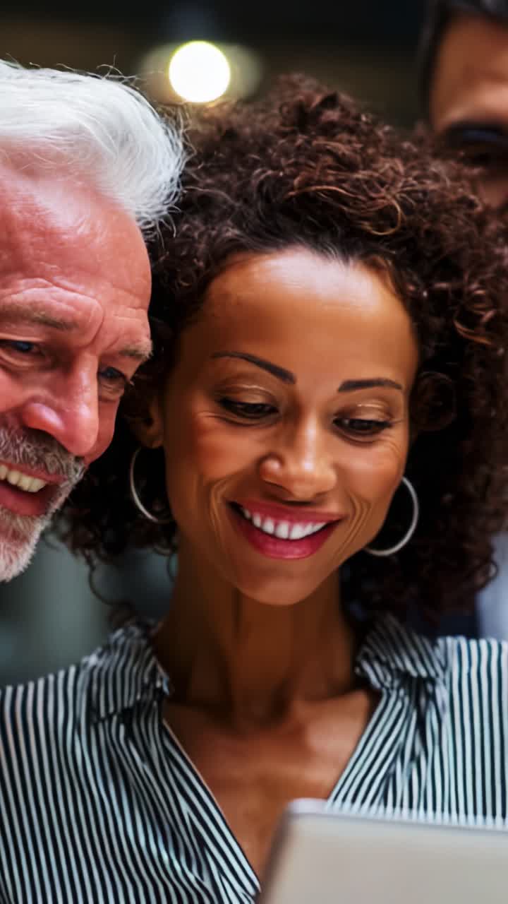 Engaging Interaction: Two Adults Sharing a Moment of Joy While Exploring Content Together on a Tablet in an Inviting, Collaborative Environment