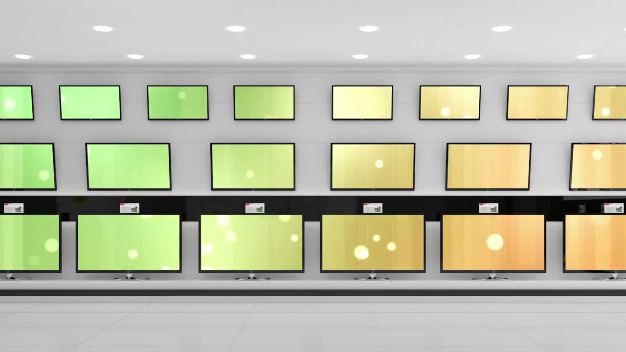 복사 공간과 함께 반 ⁇ 이는 화면과 함께 상점에 있는 텔레비전 세트의 행의 애니메이션