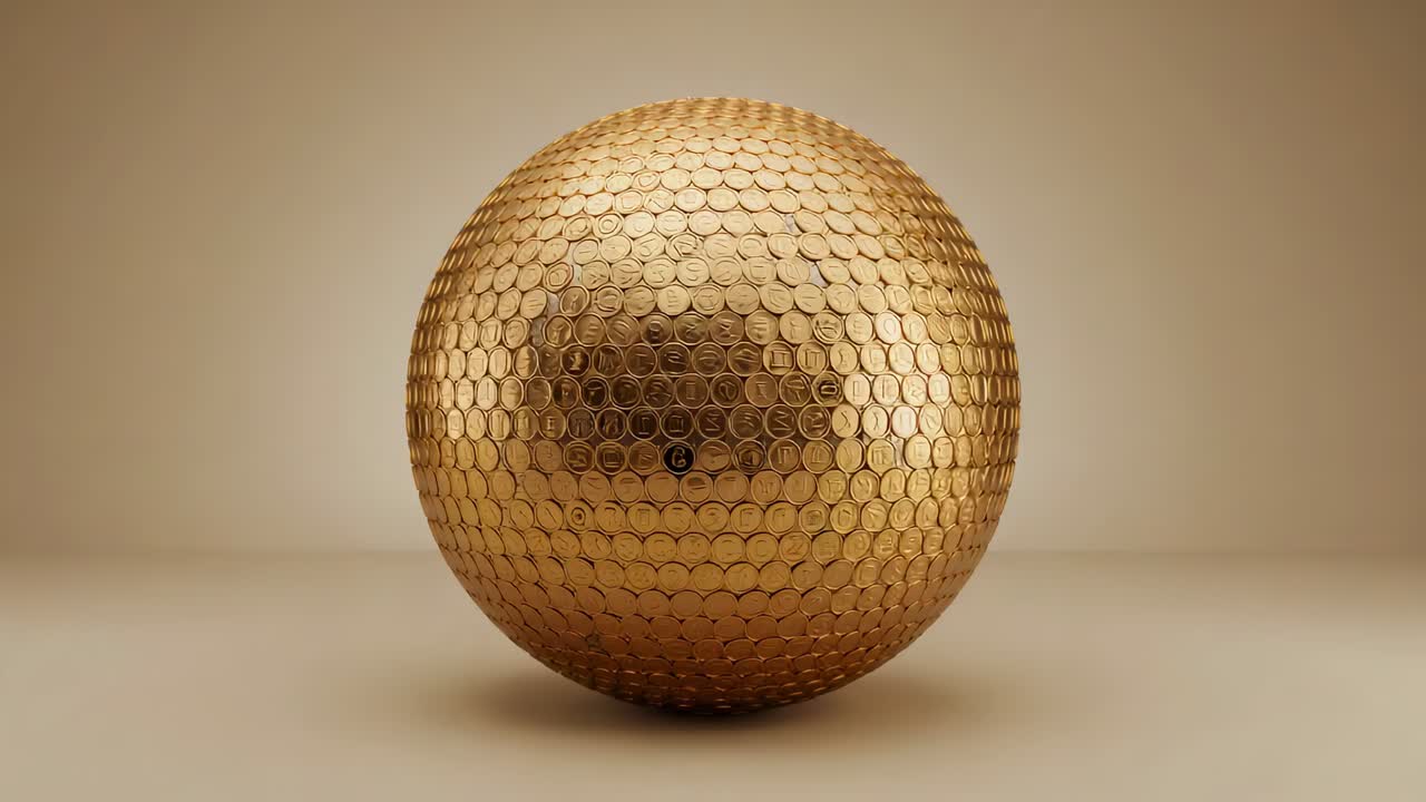 Playback starting, rotating gold-tiled decorative sphere on warm beige studio floor to show facets