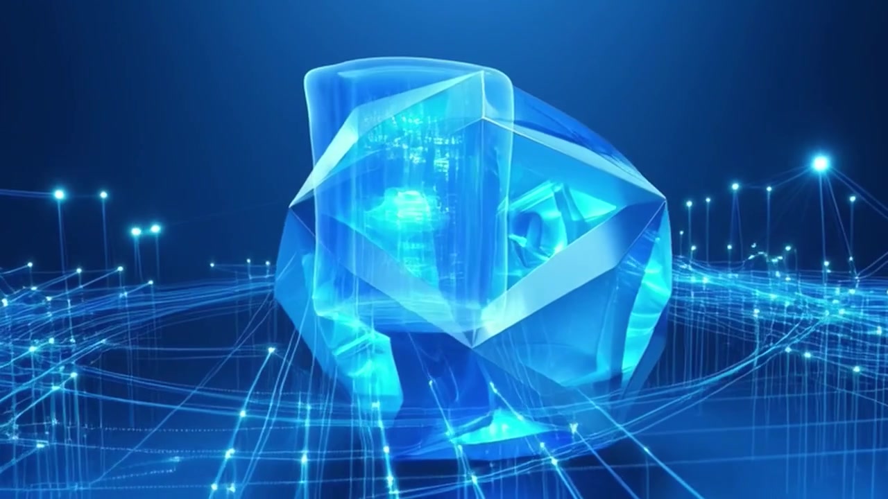 Abstract Geometric Crystal Shape with Glowing Digital Network Connections