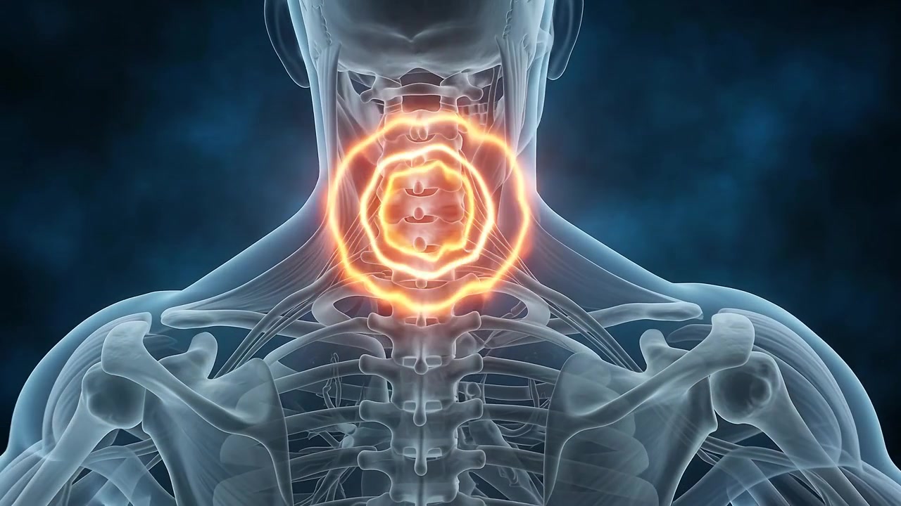 Animazione medica: dolore cervicale e infiammazione del nervo.