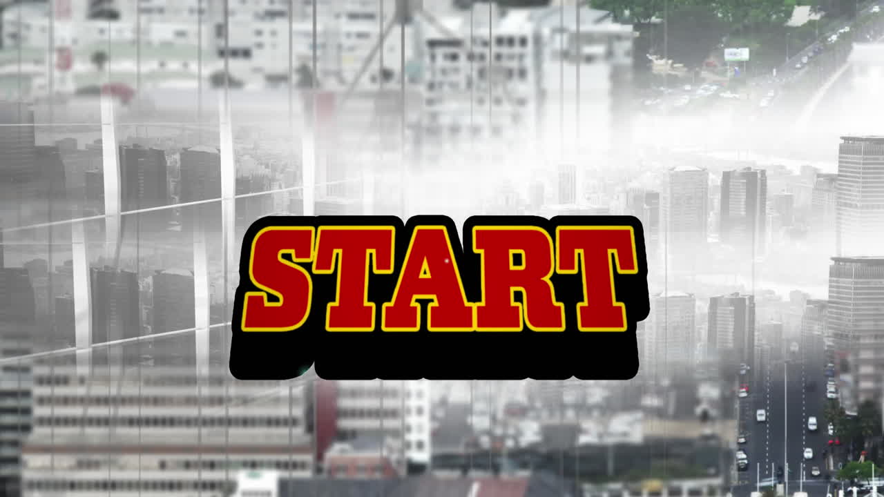 animación del texto de inicio sobre el fondo del paisaje urbano