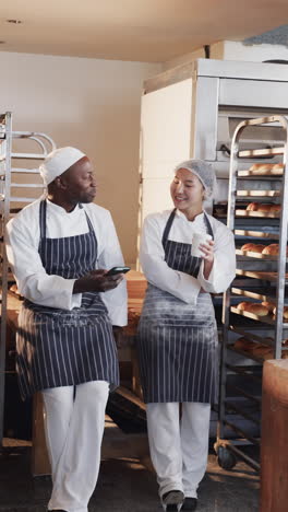 vertical video of happy diverse bakers in bakery kitchen talking with smartphone in slow motion