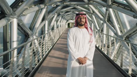 middle-eastern man standing at glass bridge