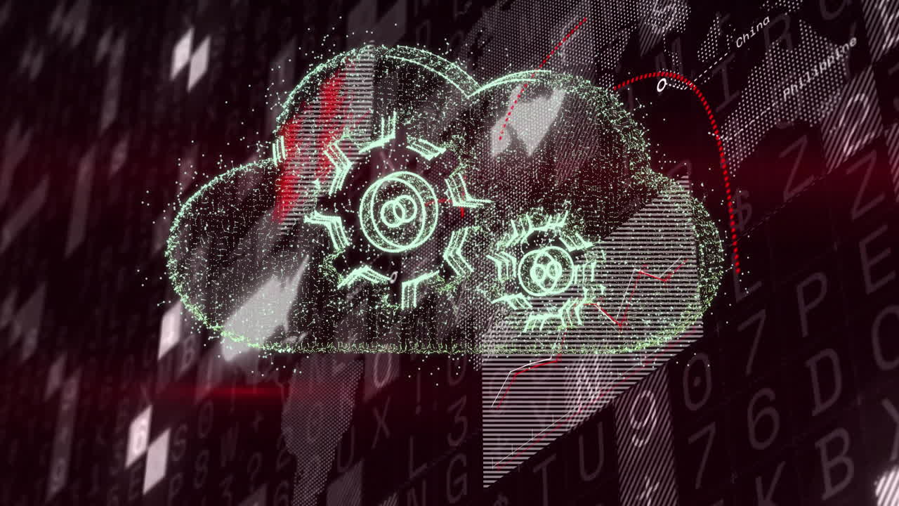 Cloud computing concept with digital gears and data processing animation