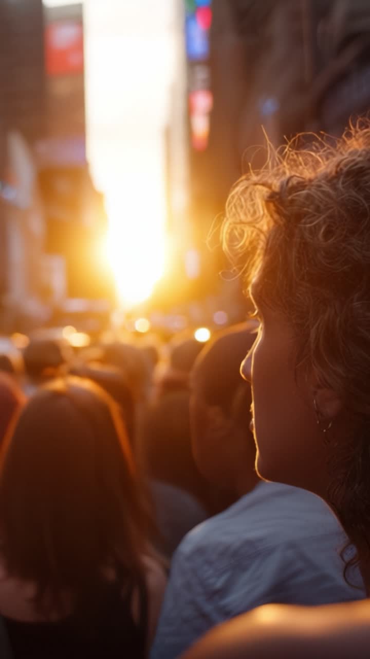 Catturando l'ora d'oro: una folla guarda verso un tramonto abbagliante in un paesaggio urbano vivace pieno di luci ed energia