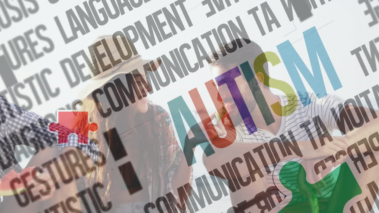 여름 해변 파티에서 행복한 친구들 위에 다채로운 퍼즐 조각과 자폐증 텍스트의 애니메이션