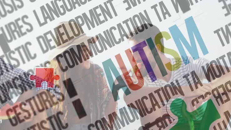 Animazione di pezzi di puzzle colorati e testo "autismo" su amici felici a una festa in spiaggia estiva