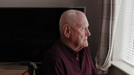 elderly man in wheelchair looking out window