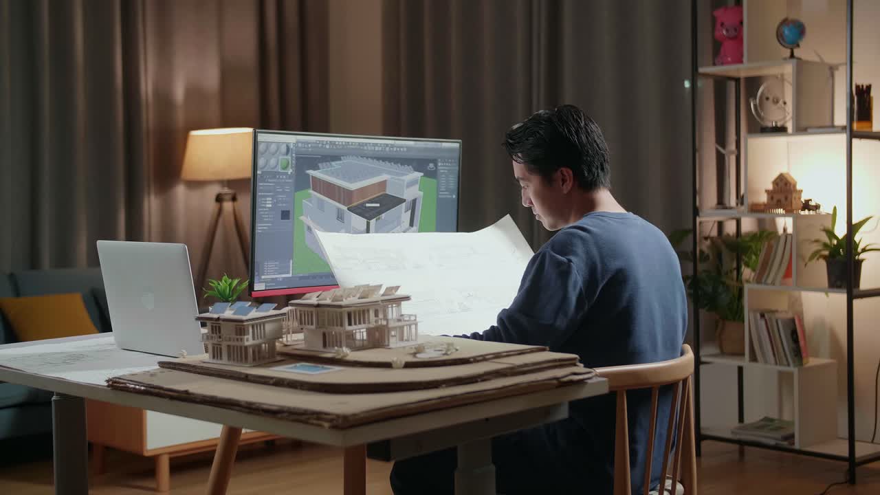 Architect working on house design at night