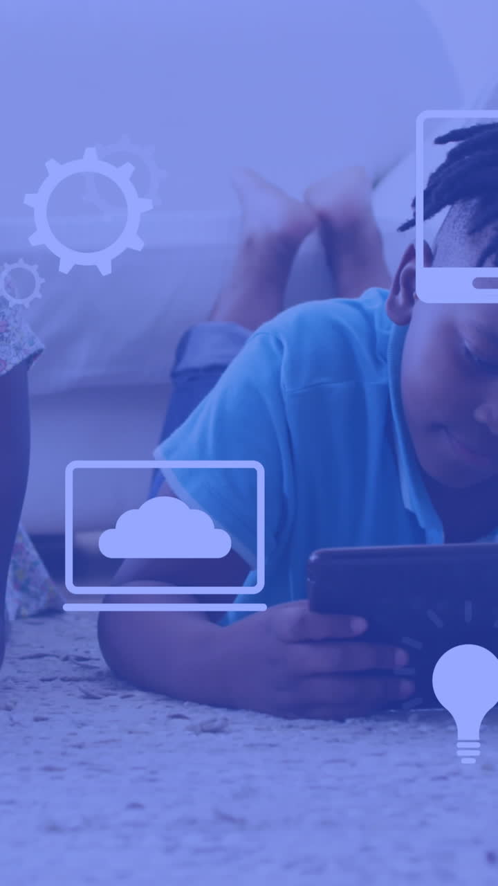Animation of technology icons over african american siblings using technology