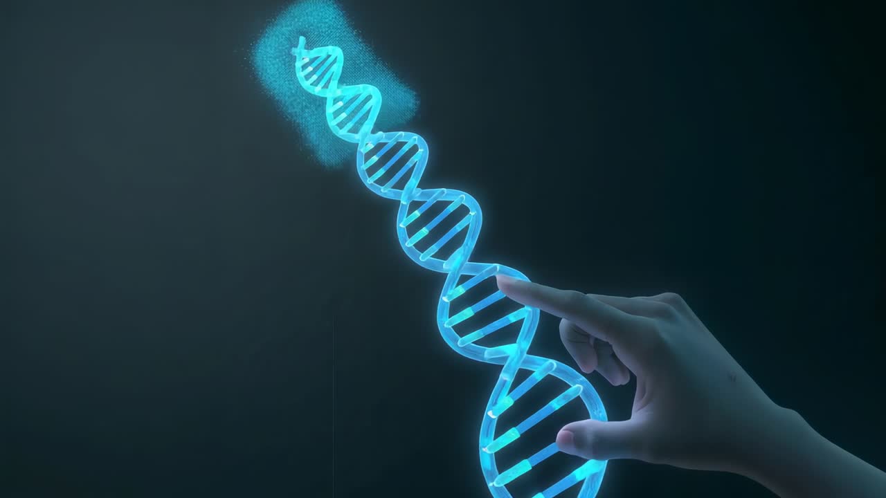 Touching right fingertip activating glowing cyan DNA helix in dark studio, emitting blue trail