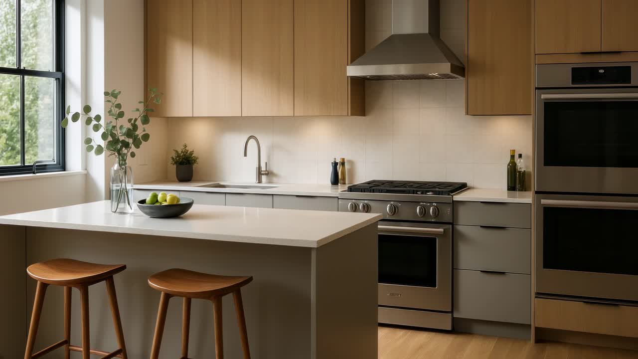 Modern kitchen with wooden cabinets, island, and stools