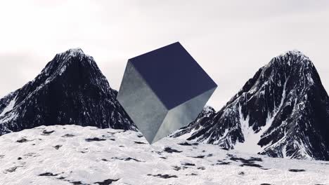 a cube floating above a snowy mountain range