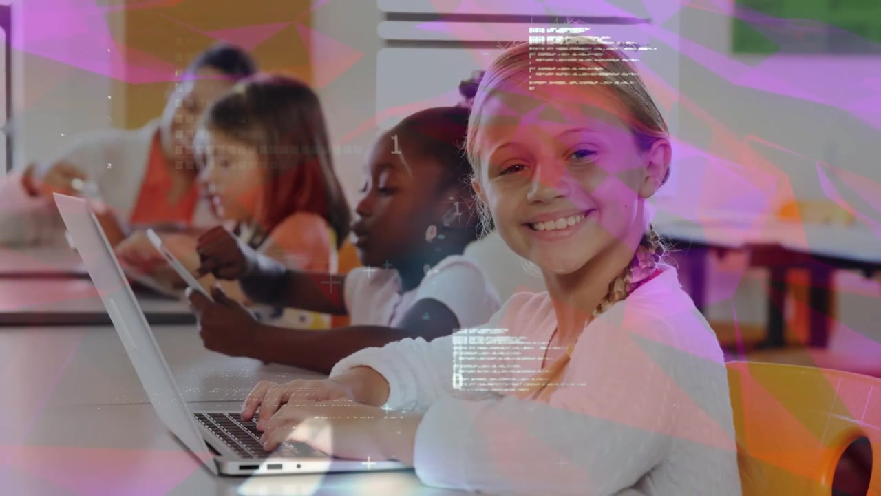 Data processing against portrait of caucasian girl smiling while using laptop in class at school