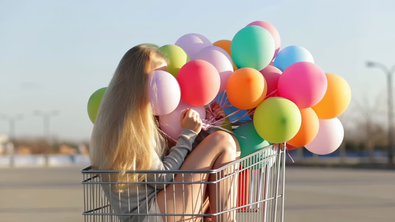Giovane donna seduta in un carrello della spesa con palloncini colorati