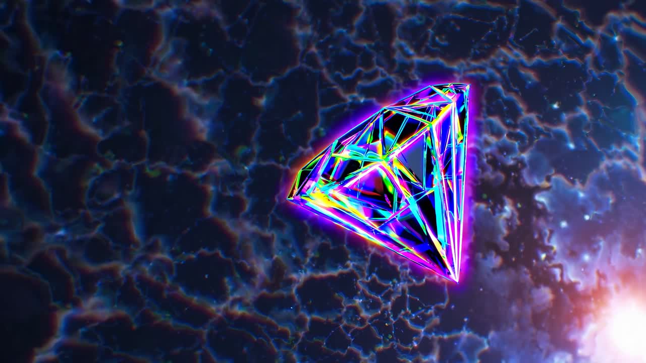 A vibrant, neon prism floats in a cosmic background, captured from a low-angle shot