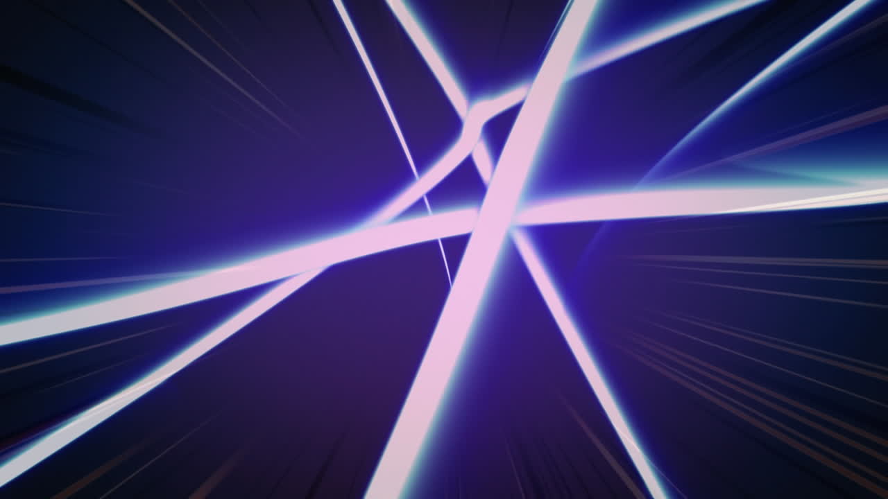 Animation of glowing pink and blue lines with flickering beams of light, on dark background