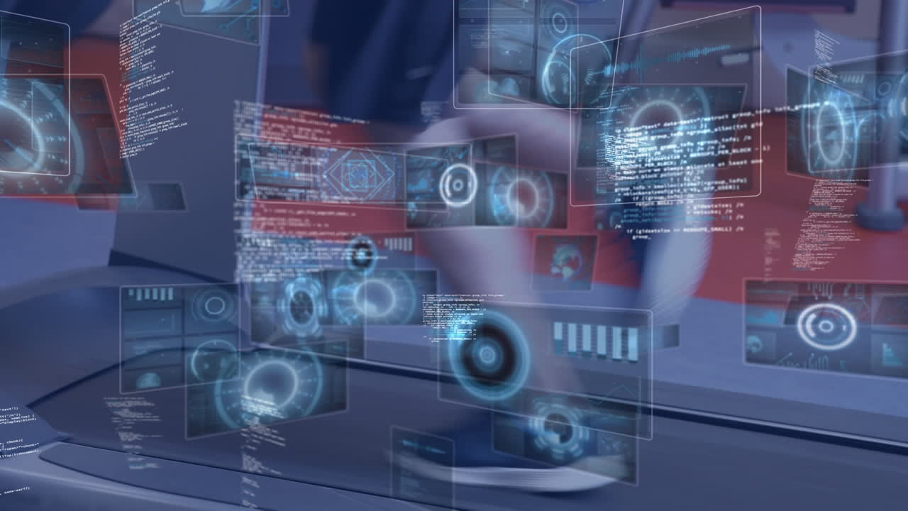 animación del procesamiento de datos sobre un hombre corriendo en una cinta de correr, haciendo ejercicio en el gimnasio