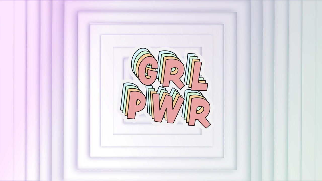 Animazione del testo "grl pwr" su quadrati su sfondo bianco