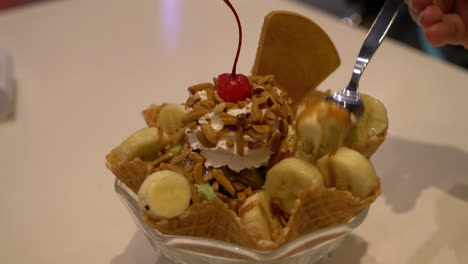 ice-cream with waffle and whipped cream