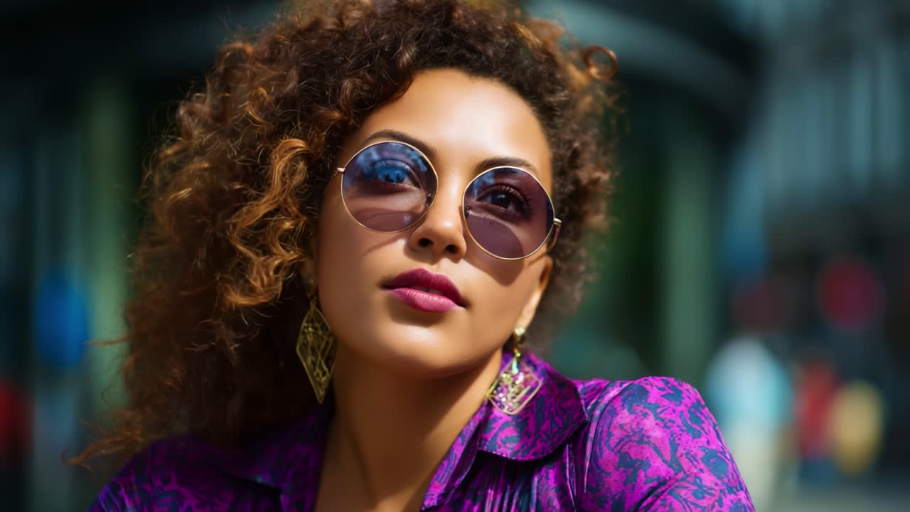 Stylish Woman with Curly Hair and Oversized Sunglasses, Captured in Vibrant Colors Against a City Background, Exuding Confidence and Fashion Sense
