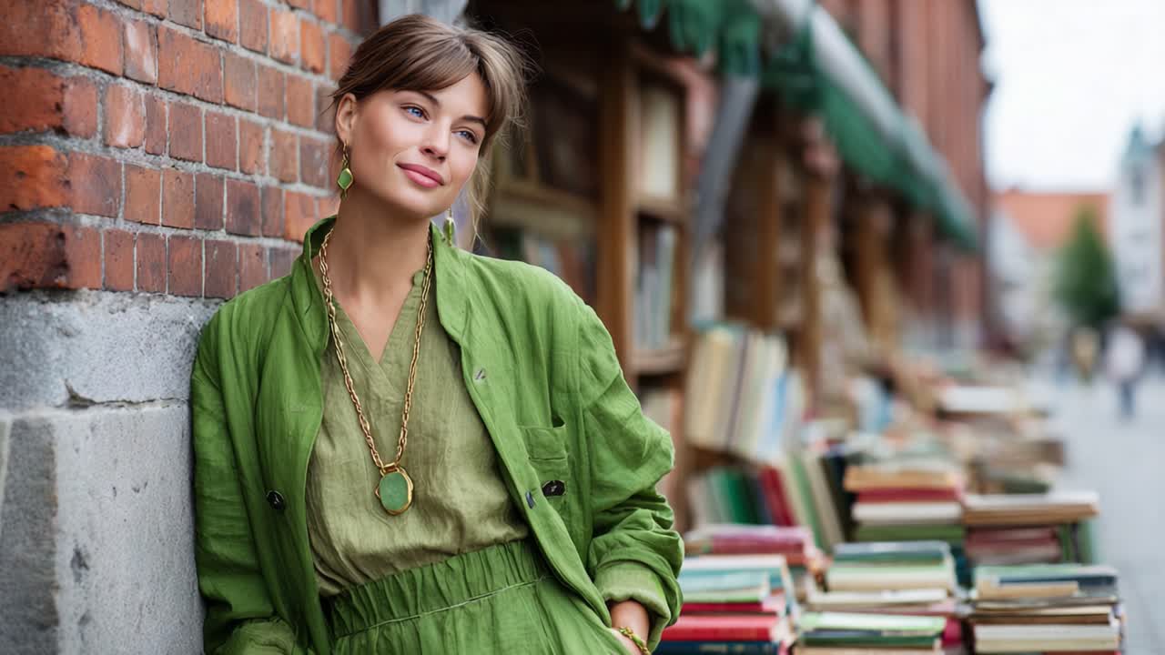 Affascinante giovane donna in un elegante abito verde posa vicino a bancarelle di libri vintage, mostrando una miscela unica di moda e letteratura in un ambiente urbano fiorente