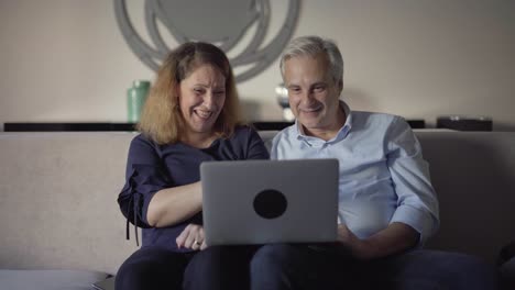 pareja emocionada con una computadora portátil celebrando el éxito
