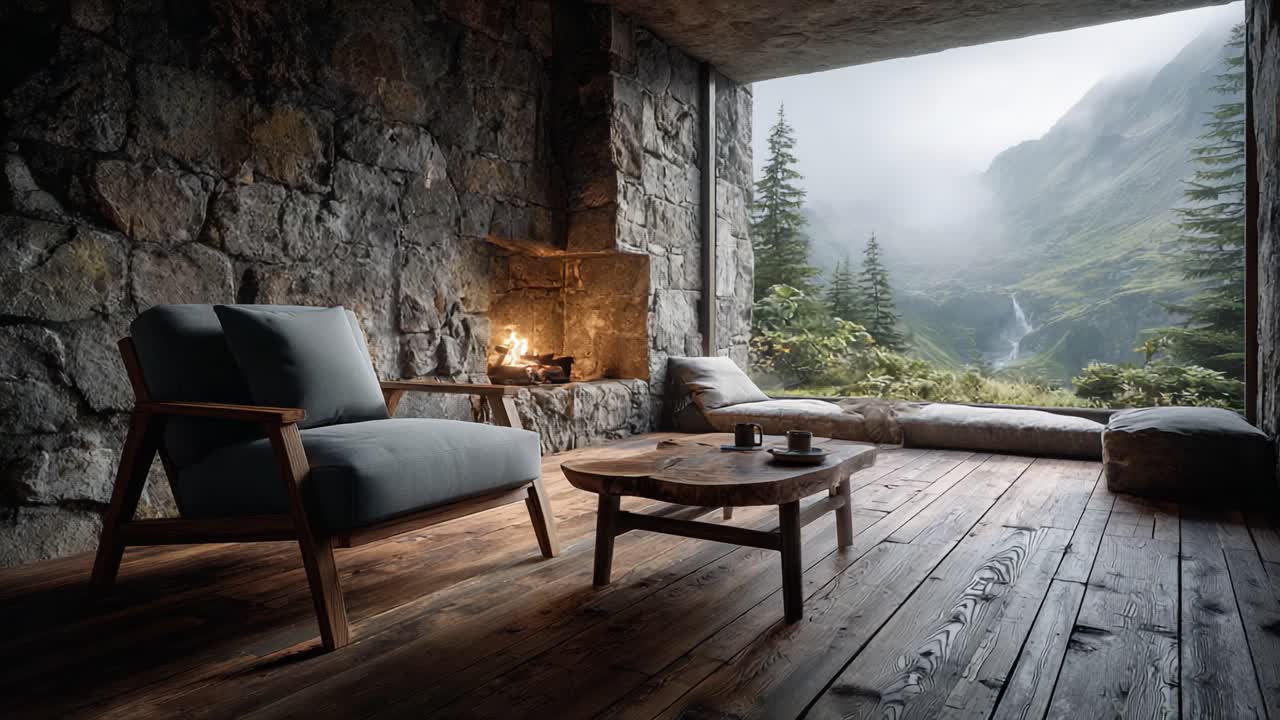 Cozy Modern Retreat: A Serene Living Space with Stone Walls Overlooking a Mountain Landscape and a Warm Fireplace