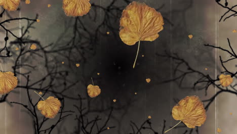 digital animation of autumn leaves falling over creepy tree branches against grey background