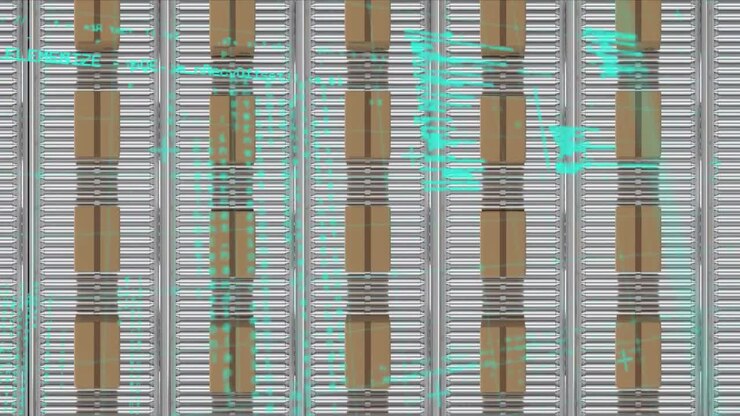 Data processing against overhead view of multiple delivery boxes on conveyor belt