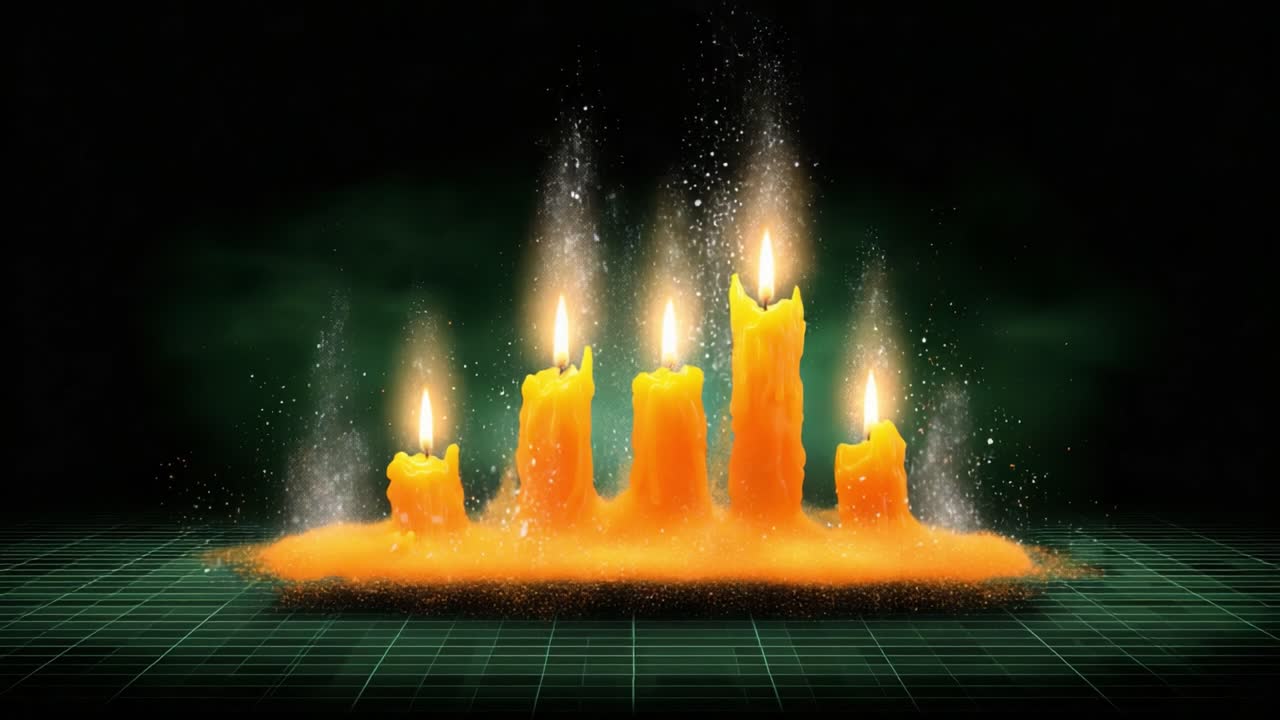 A mesmerizing display of flickering flames from five vibrant orange candles, surrounded by a magical glow of shimmering particles against a dark backdrop