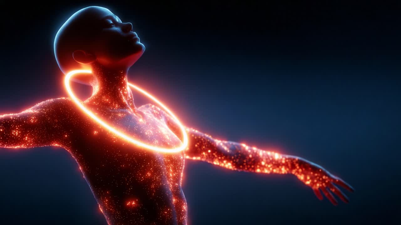 A mesmerizing digital representation of a glowing figure, radiating vibrant energy and adorned with sparkling lights, embodying themes of transformation, illumination, and cosmic beauty