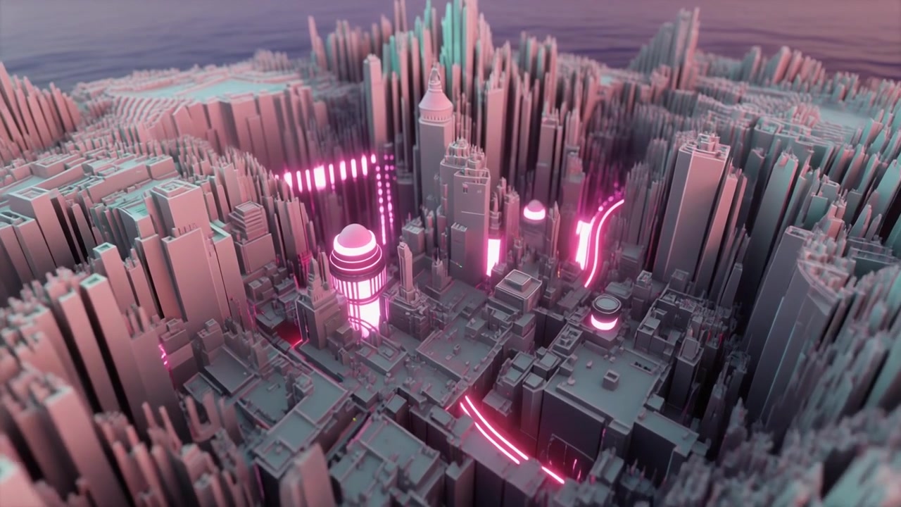 Abstract Futuristic Cityscape with Glowing Neon Lights