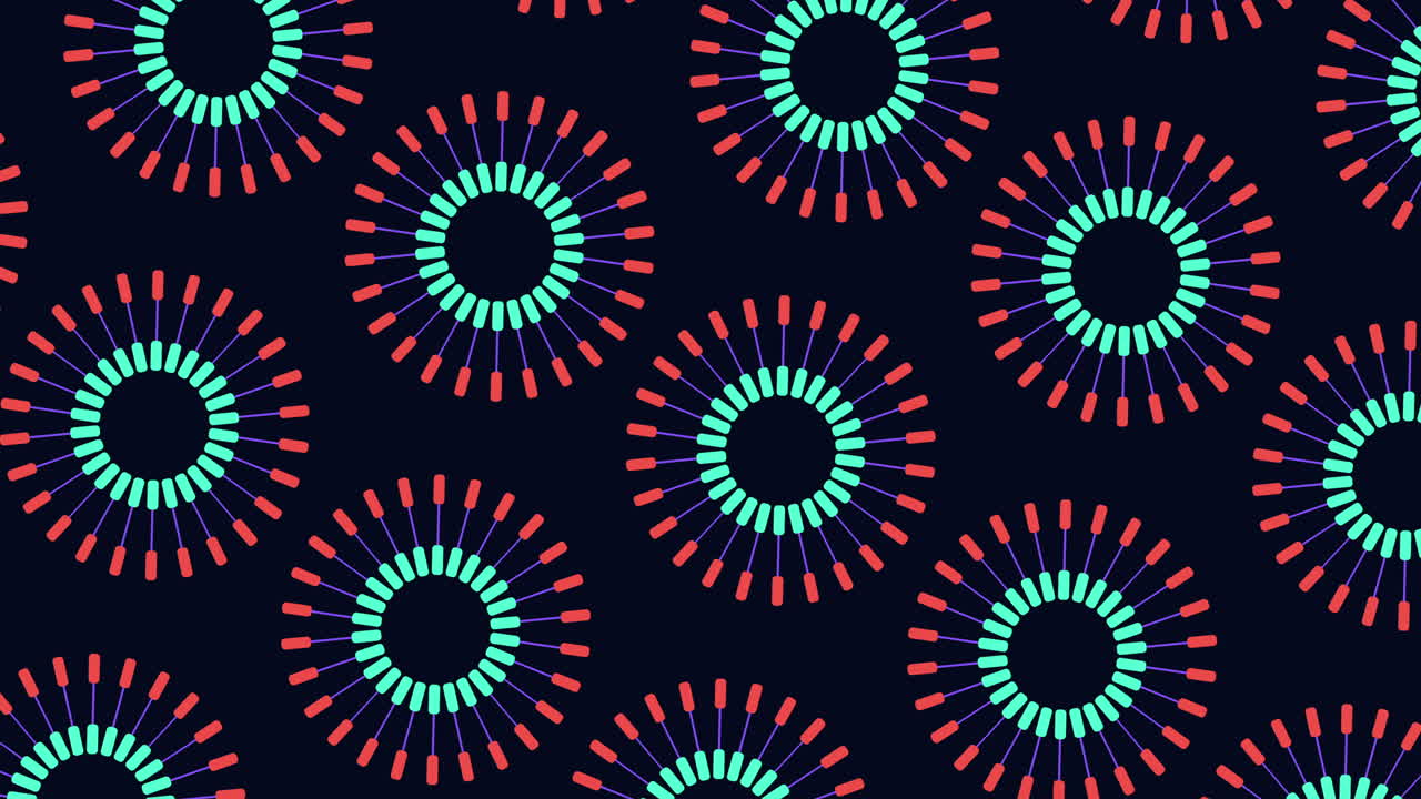 Circular and spiral patterns in red, blue, and black