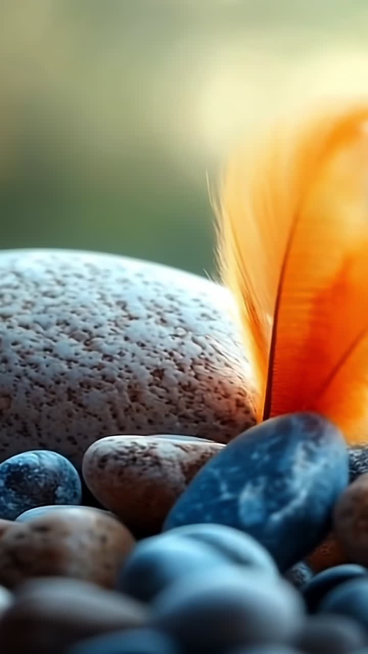 Piuma su pietre lisce. Una vivace piuma arancione giace delicatamente su un gruppo di pietre lisce vicino a uno specchio d'acqua tranquillo, sotto una luce soffusa.