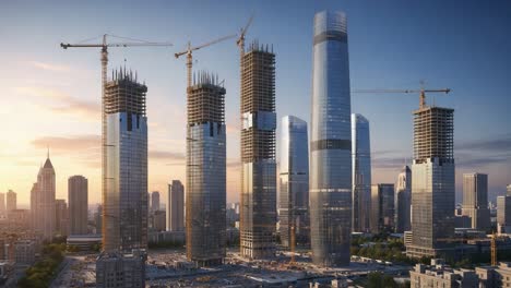 modern city skyline with skyscrapers under construction at sunset or sunrise
