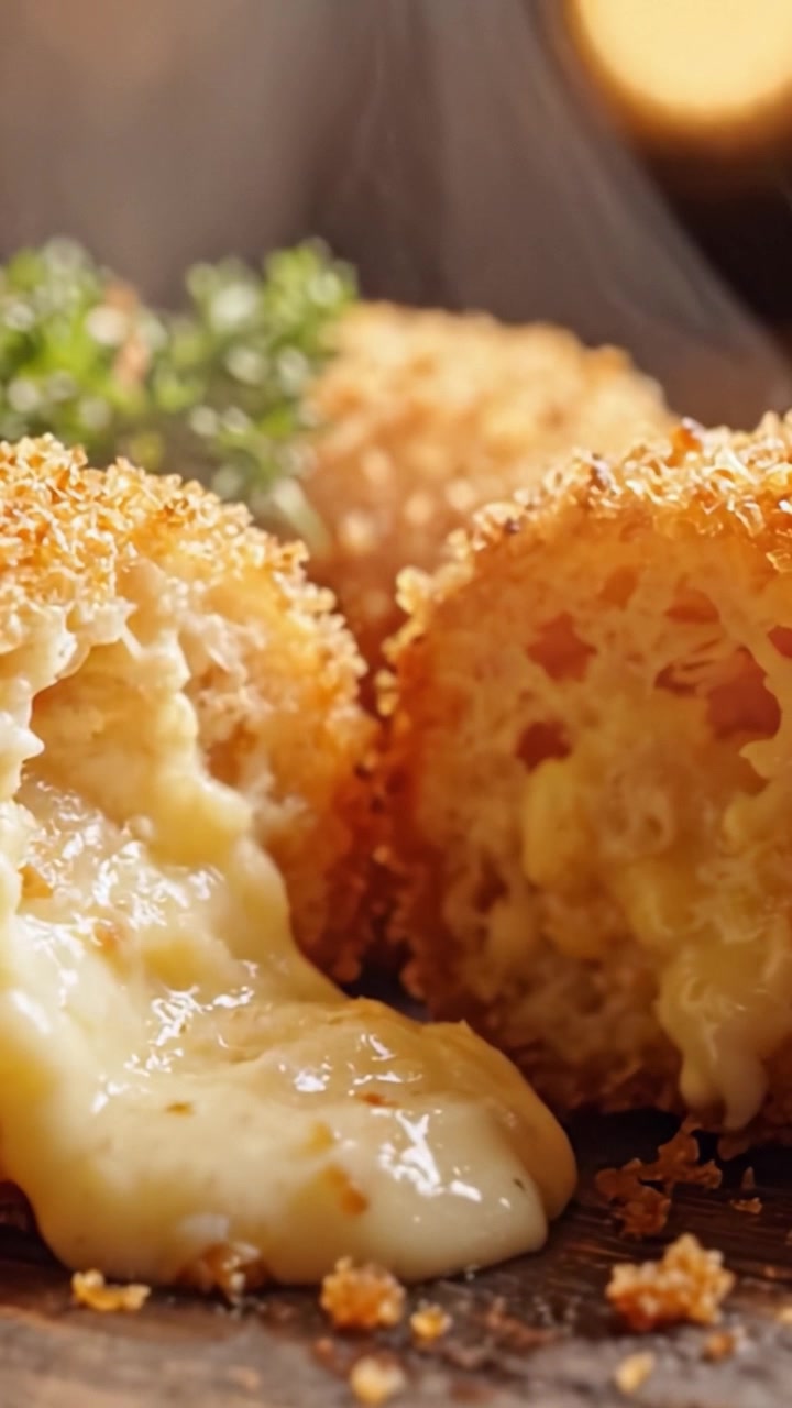 Deliciously Golden-Crisped Cheese Balls with Creamy Melting Filling Surrounded by Fresh Greens in Warm, Inviting Lighting