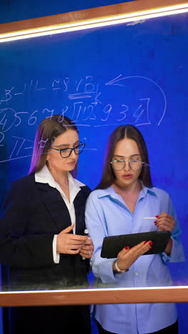 caucasian women working in the office look at the tablet. ladies write down number on the glass board. vertical video.