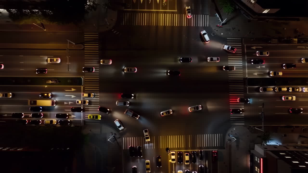 Aerial View of a Busy City Intersection with Traffic at Night