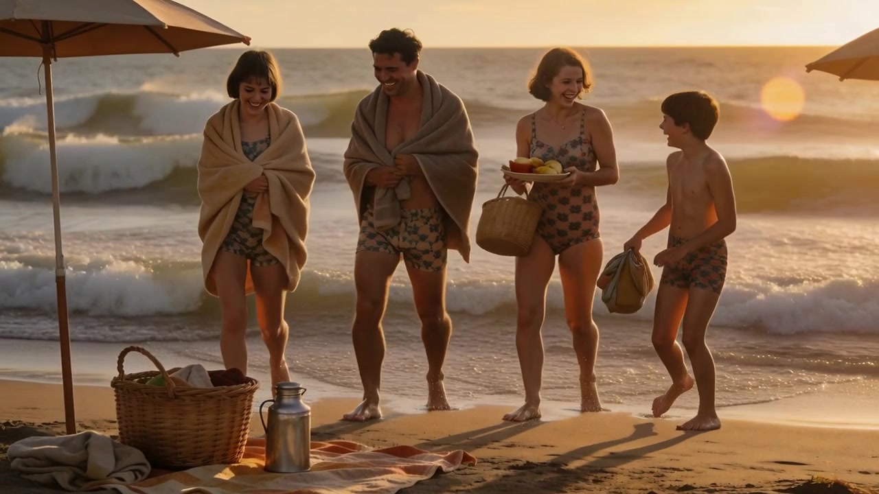 Gruppo familiare che cammina, emergendo dalle onde e dirigendosi verso un picnic in spiaggia, portando frutta e asciugamani.