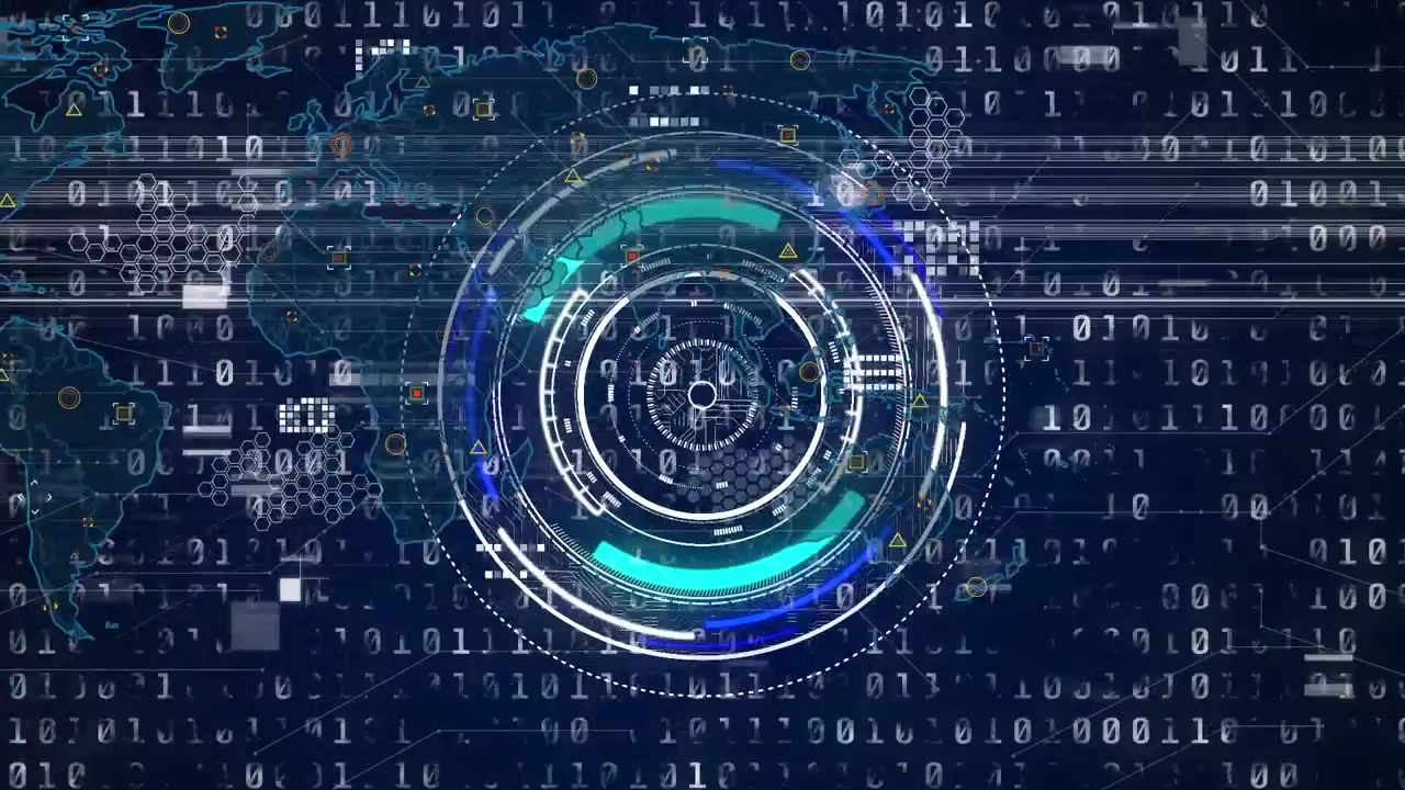Animation of interference over data processing with world map and scope scanning on black background