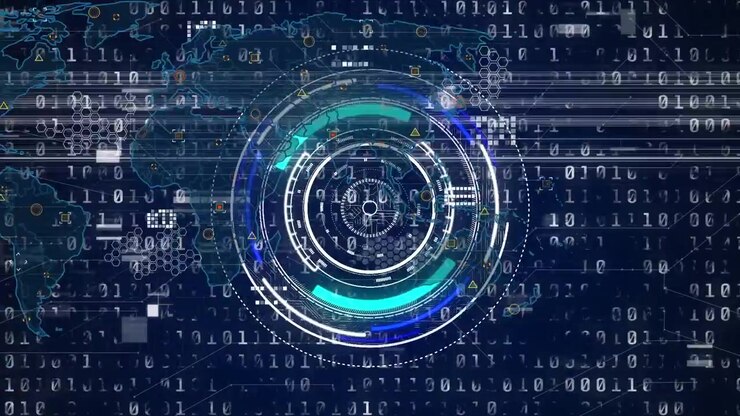 Animation of interference over data processing with world map and scope scanning on black background