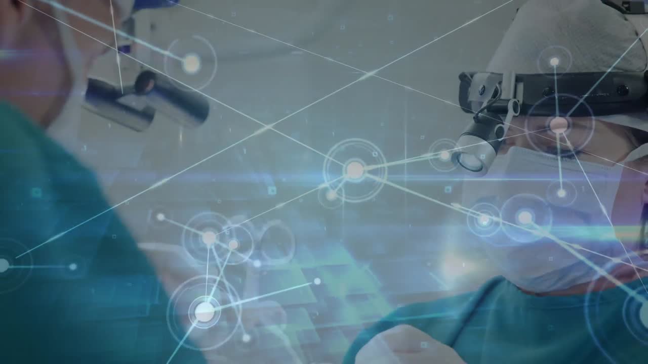 수술을 수행하는  ⁇ 안경을 착용한 남성과 여성 외과 의사에 대한 연결 네트워크