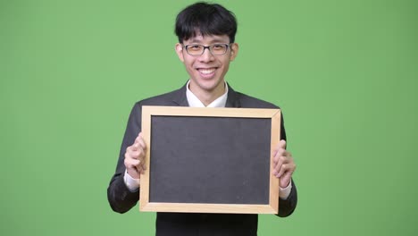 젊은 행복 한 아시아 사업가 가 카메라 에 블랙보드 를 보여 주는 동안 미소 짓고 있다
