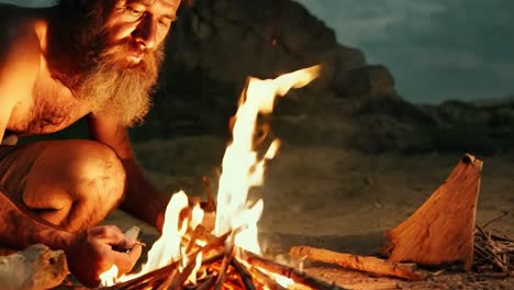 un hombre barbudo enciende un fuego en el desierto