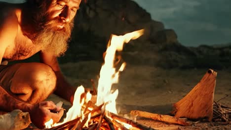 a bearded man starts a fire in the wilderness